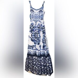 Blue and White Geometric/Floral Dress